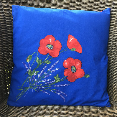 blue pillow cover with red poppies
